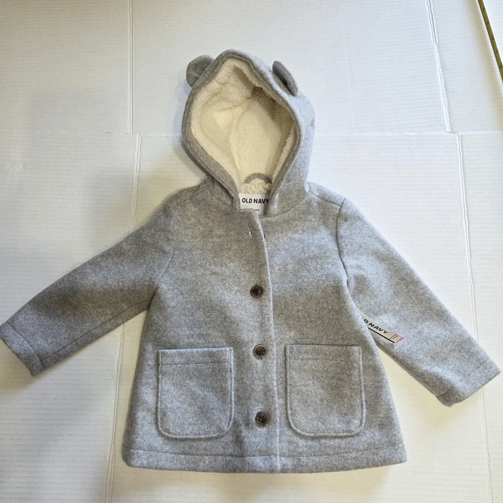 Old Navy Baby Girl‎ Coat 18-24 Month Grey Hooded Lined Wool Jacket NWT